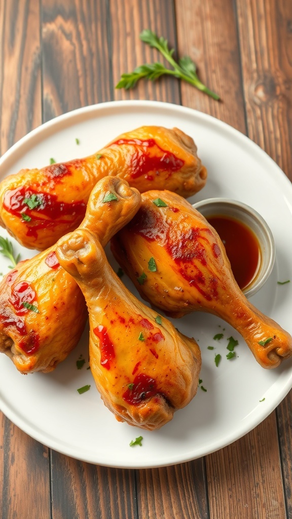 Oven-baked chicken drumsticks on a plate, garnished with herbs, served with dipping sauce.
